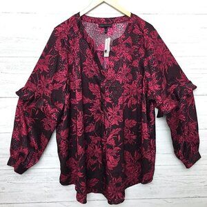 NEW Lane Bryant Womens size 22/24 Top Red Black Floral Silky Fabric Long Sleeve